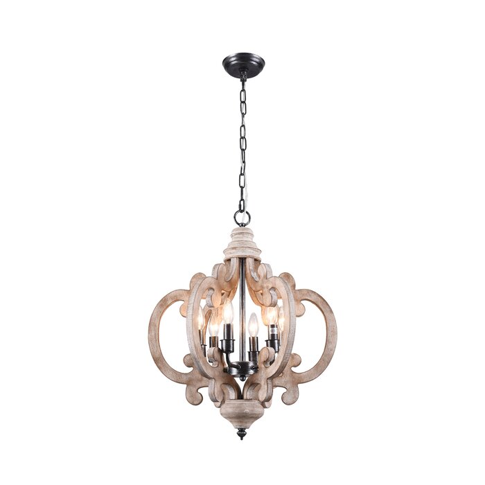 Weathered Wood Kacie 6 - Light Wood Dimmable Lantern Geometric Chandelier