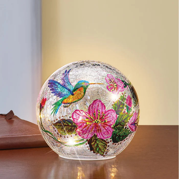 4.5" H x 4.75" W x 4.75" D Kinhawk Hummingbirds and Pink Hibiscus Flowers Lighted Crackled Cloche