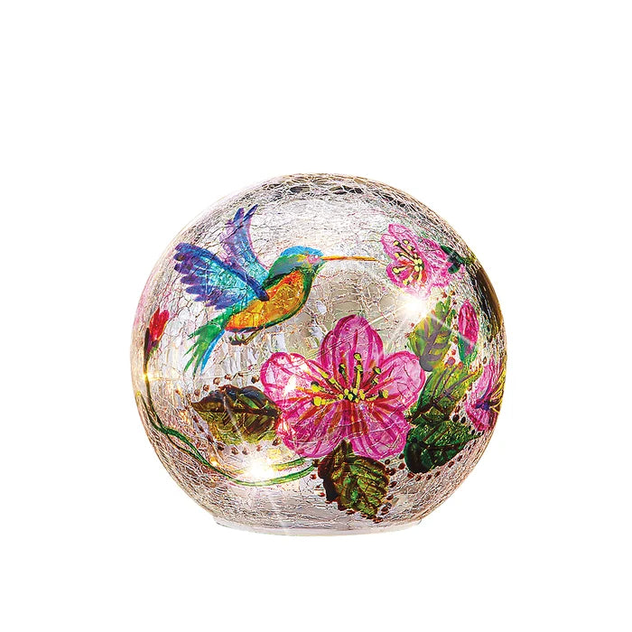 4.5" H x 4.75" W x 4.75" D Kinhawk Hummingbirds and Pink Hibiscus Flowers Lighted Crackled Cloche