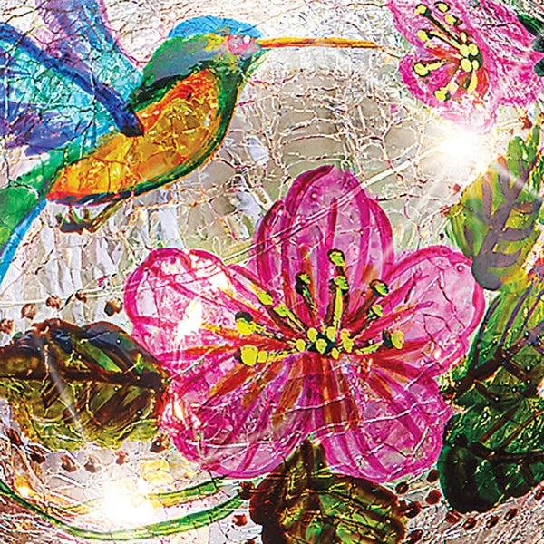 4.5" H x 4.75" W x 4.75" D Kinhawk Hummingbirds and Pink Hibiscus Flowers Lighted Crackled Cloche