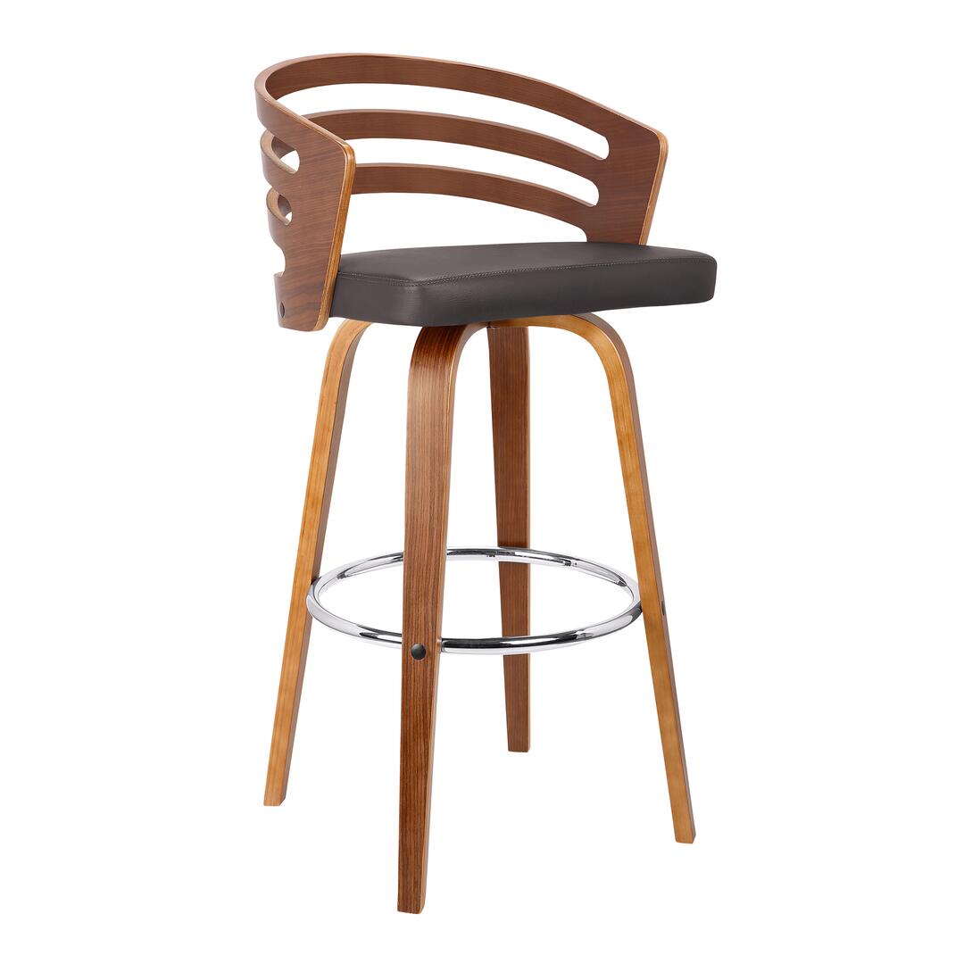 Jayden Collection 26" Mid-Century Swivel Counter Height Barstool in Brown Faux Leather with Walnut Veneer K7747