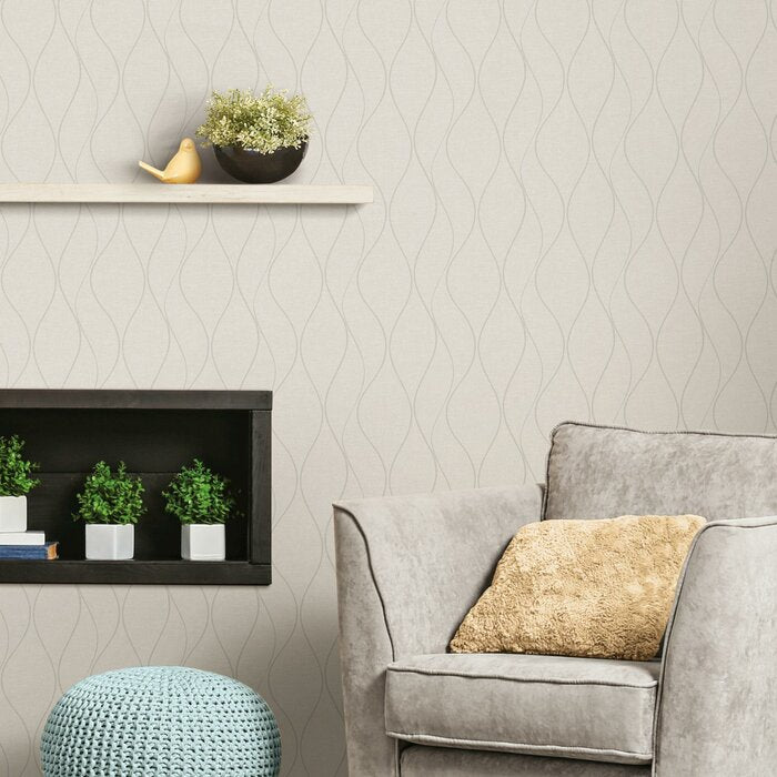 Beige Lasky Wave Ogee 16.5' L x 20.5" W Peel and Stick Wallpaper Roll, (Set of 3)