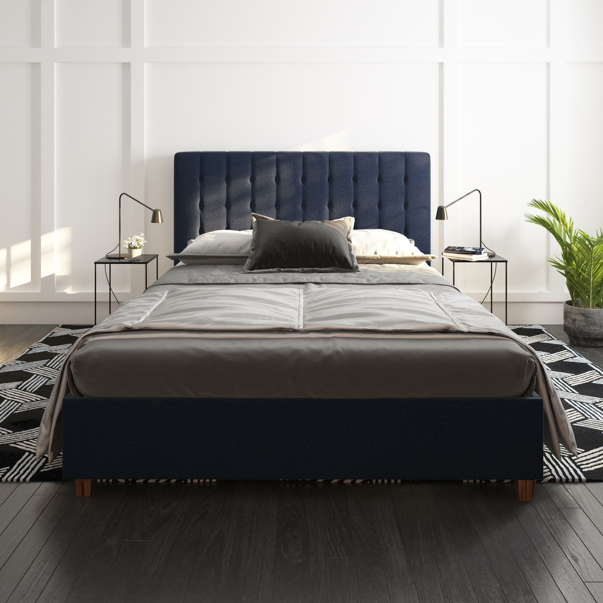 Blue Littrell Queen Tufted Upholstered Low Profile Platform Bed HB302
