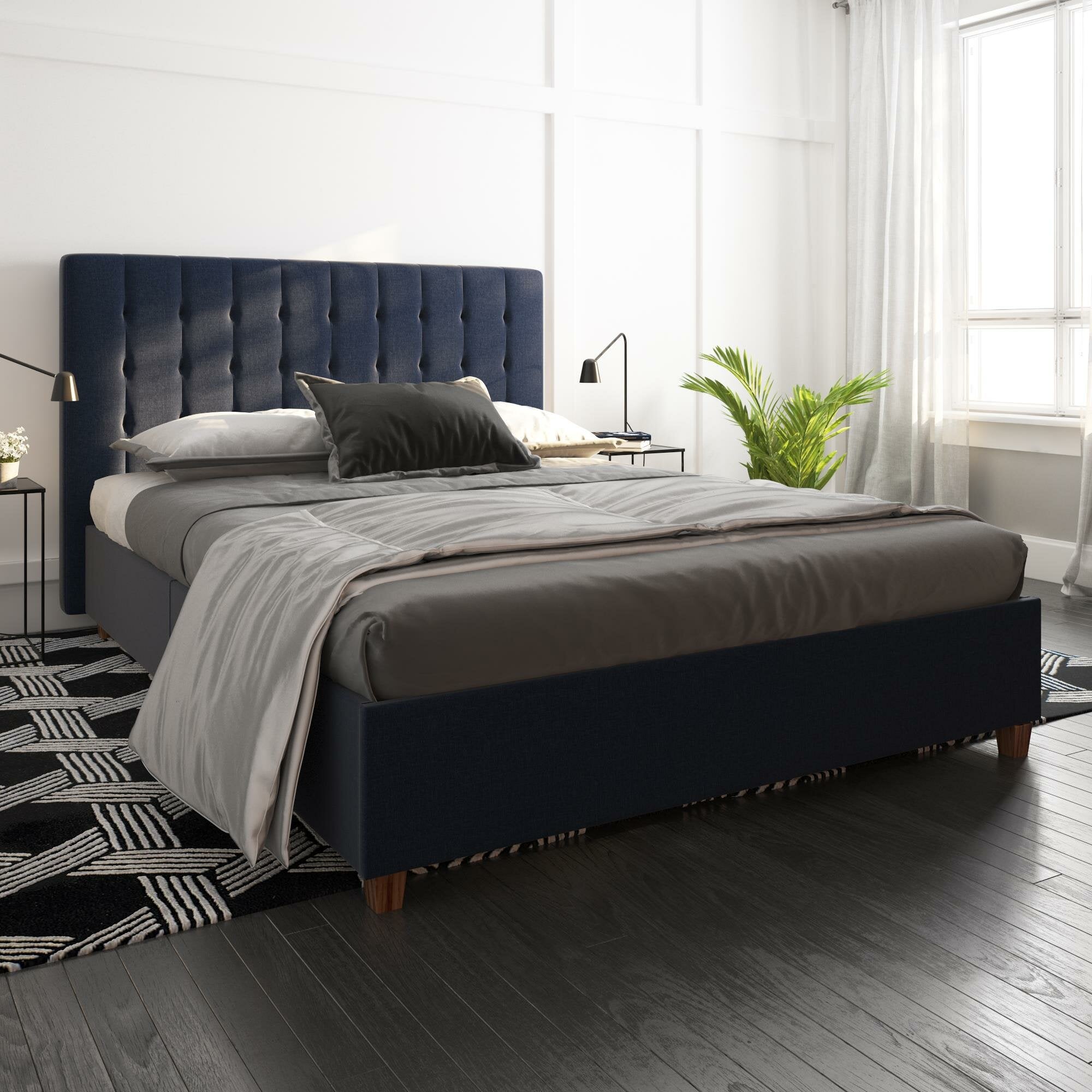 Blue Littrell Queen Tufted Upholstered Low Profile Platform Bed HB302