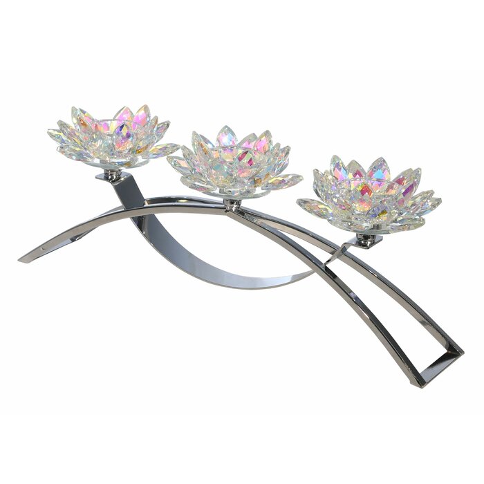 Silver Lotus Shaped Small Glass and Metal Candelabra #HA89