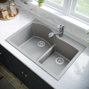 Low-Divide Granite Composite 33" L x 22" W Double Basin Drop-In Kitchen Sink with Basket Strainer #HA146