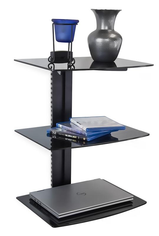 Otselic Wall Mounted AV Component Shelving System with 3 Adjustable Tempered Glass Shelves, Black (#K5635)