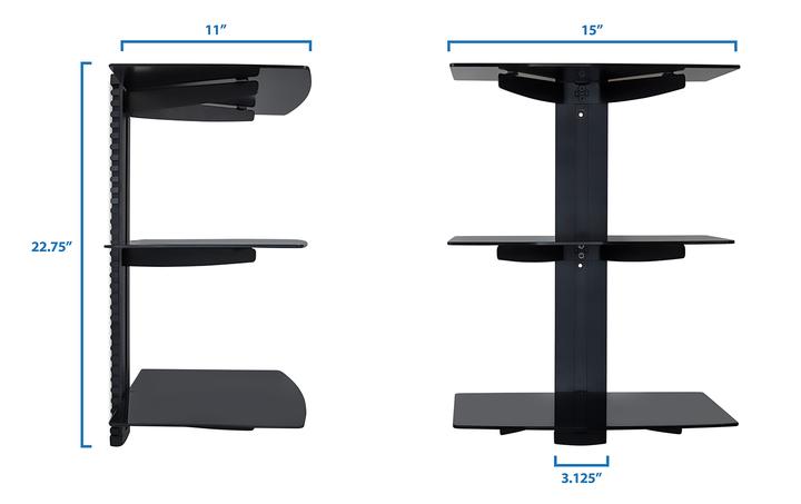 Otselic Wall Mounted AV Component Shelving System with 3 Adjustable Tempered Glass Shelves, Black (#K5635)