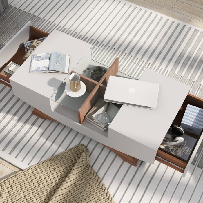 White/Walnut Madilynn Trestle Coffee Table with Storage