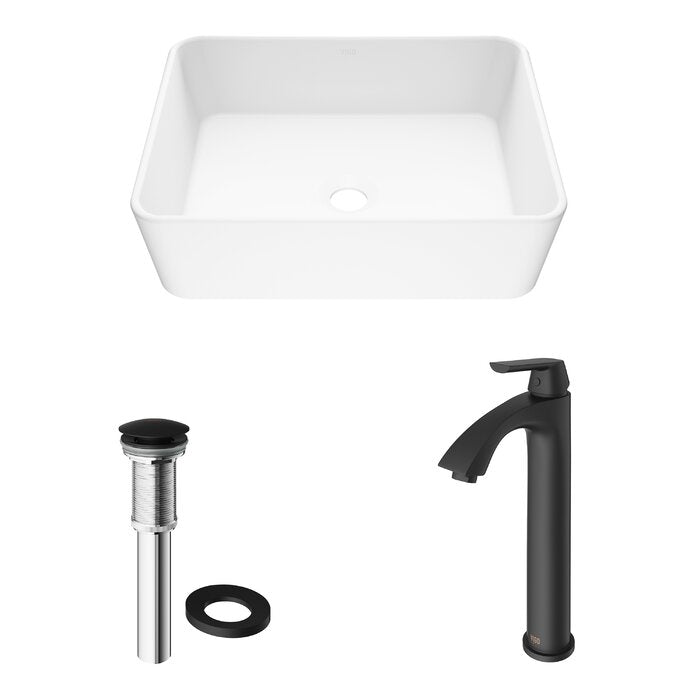 Marigold Stone Rectangular Vessel Bathroom Sink with Faucet and Drain Assembly, Matte Black (#K2051)