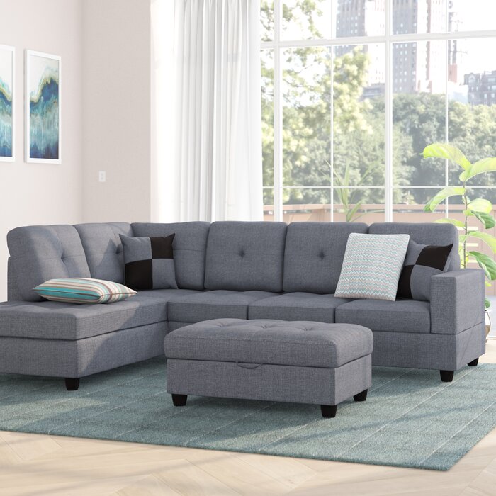 Mauzy 103.5" Wide Linen Left Hand Facing Sofa & Chaise with Ottoman