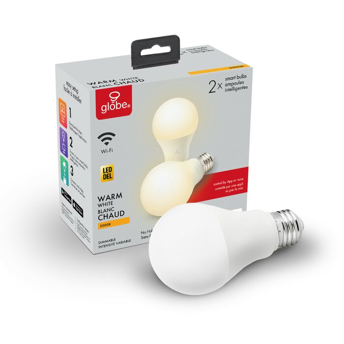 10 Watt (60 Watt Equivalent), A19 LED Smart, Dimmable Light Bulb, Warm White (3000K) E26/Medium (Standard) Base (Set of 2) EE526