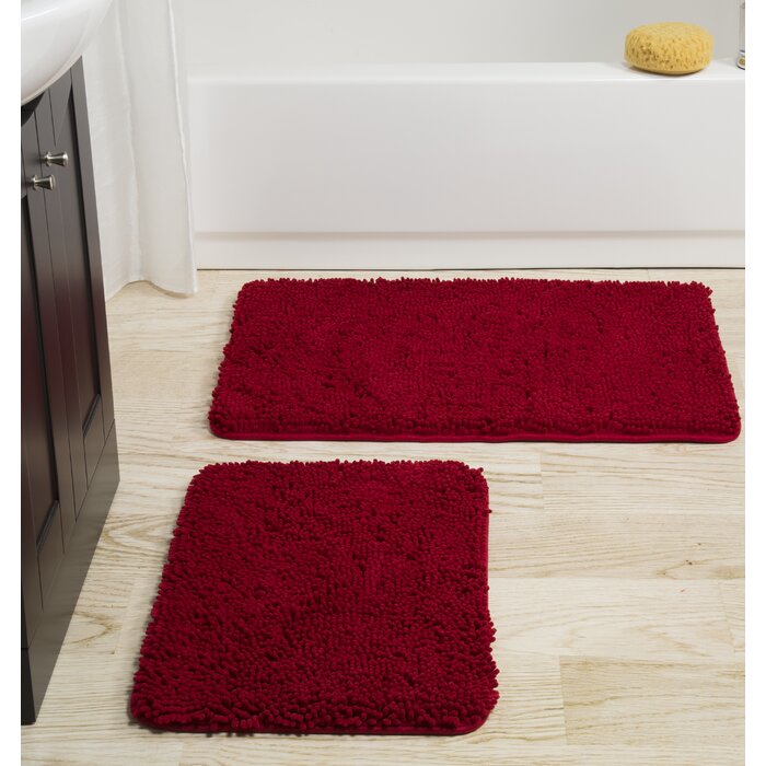2 Piece Memory Foam Rectangular Polyester Non-Slip Solid Bath Rug Set, Burgundy (#K4416)