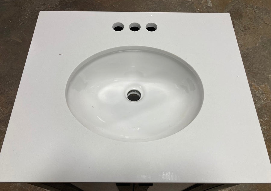 24 in. Bath Vanity in  Barstow  Acacia with Coastal Linen Doors and Vanity Top in White Stone with Basin