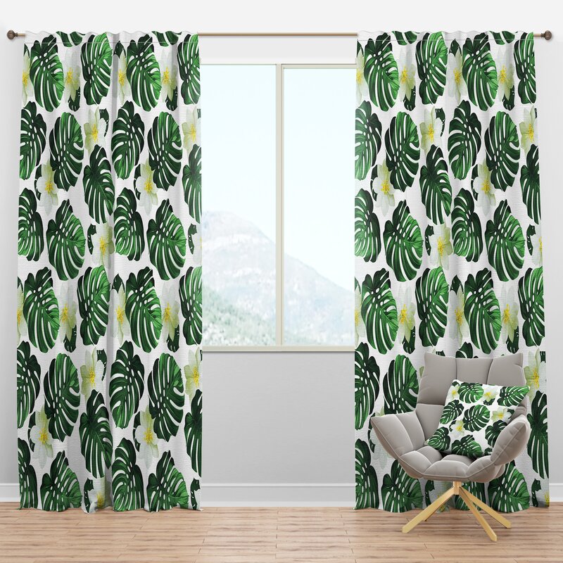 52"W x 90"L Monstera LeavesBlossoming Exotic Floral Semi-Sheer Thermal Rod Pocket Single Curtain with  Panel