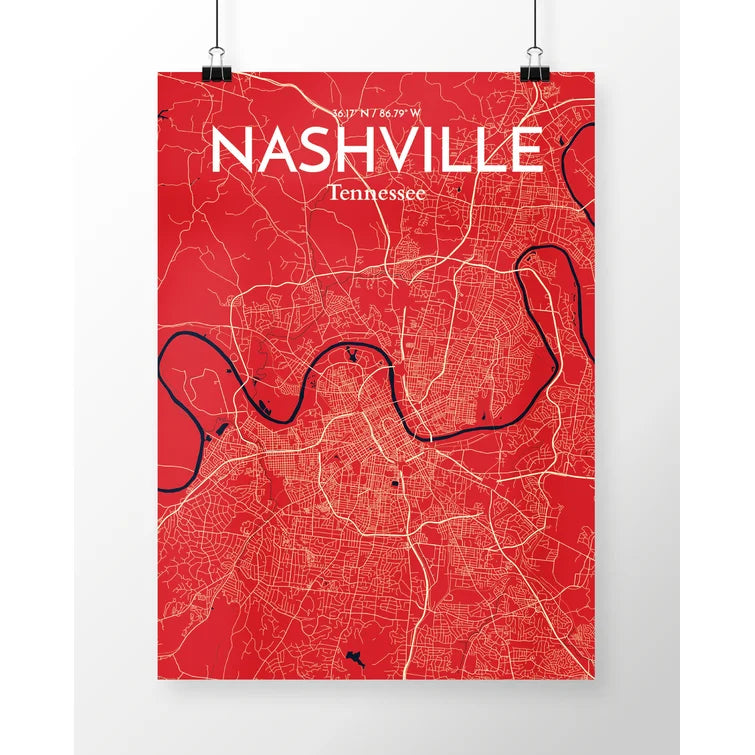 17" H x 11" W Nashville City Map - Unframed Graphic Art
