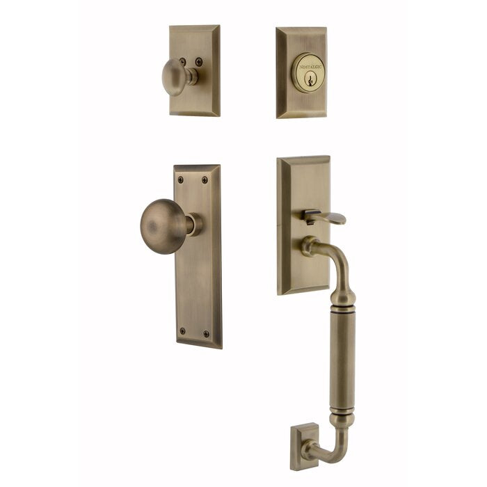 2-3/8” Antique Brass New York Handleset with Single Cylinder Deadbolt and Door Knob and Rosette
