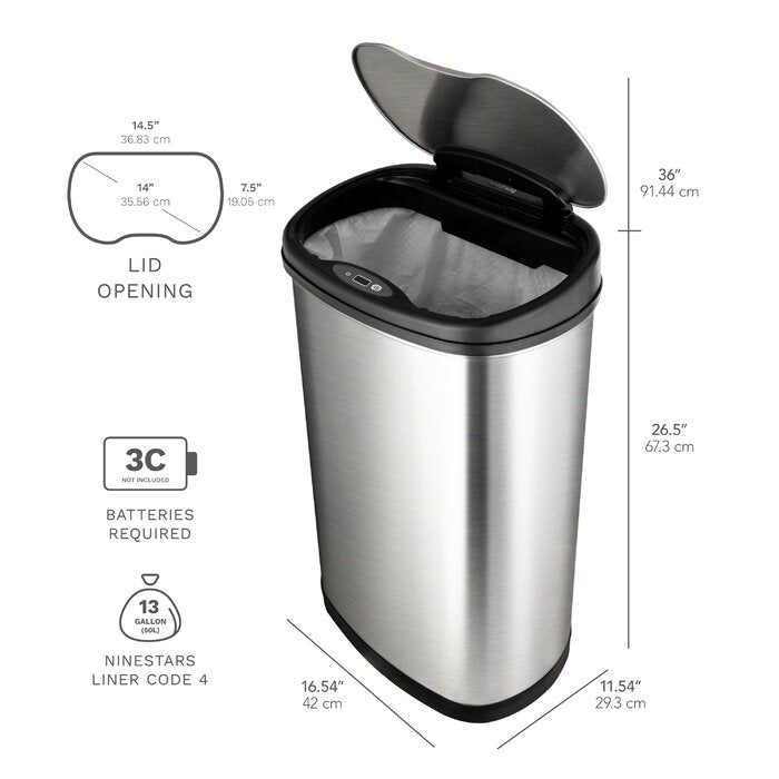 Nine Stars Stainless Steel 13.2 Gallon Motion Sensor Trash Can (#K1636)