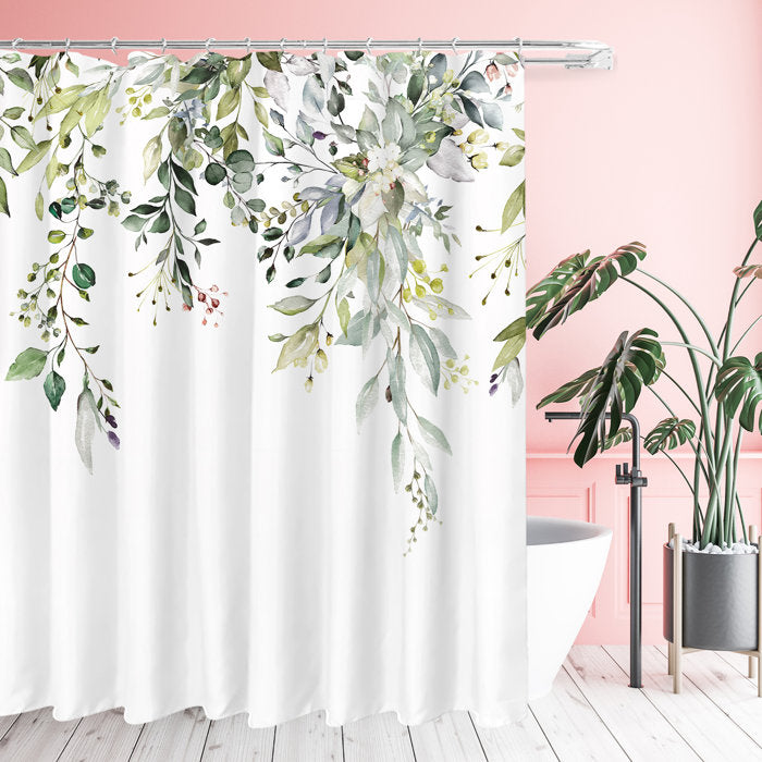 83" H x 71" W White/Green Niu Floral Single Shower Curtain + Hooks