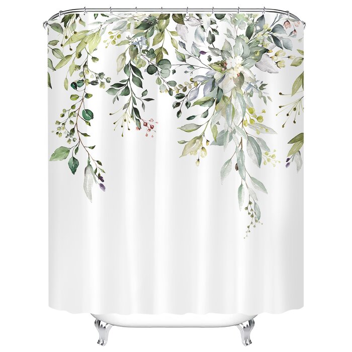 83" H x 71" W White/Green Niu Floral Single Shower Curtain + Hooks