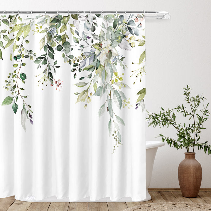 83" H x 71" W White/Green Niu Floral Single Shower Curtain + Hooks