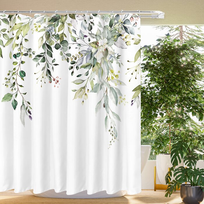 83" H x 71" W White/Green Niu Floral Single Shower Curtain + Hooks