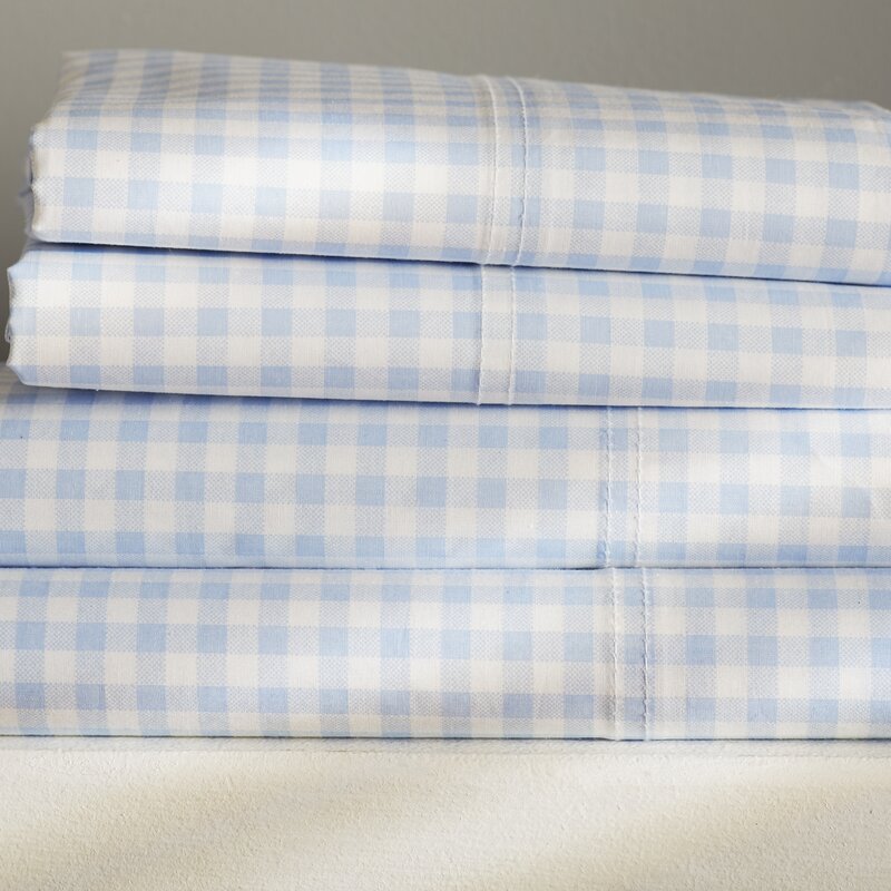 Queen Blue Norcross Gingham 250 Thread Count Plaid 100% Cotton Sheet Set SC830