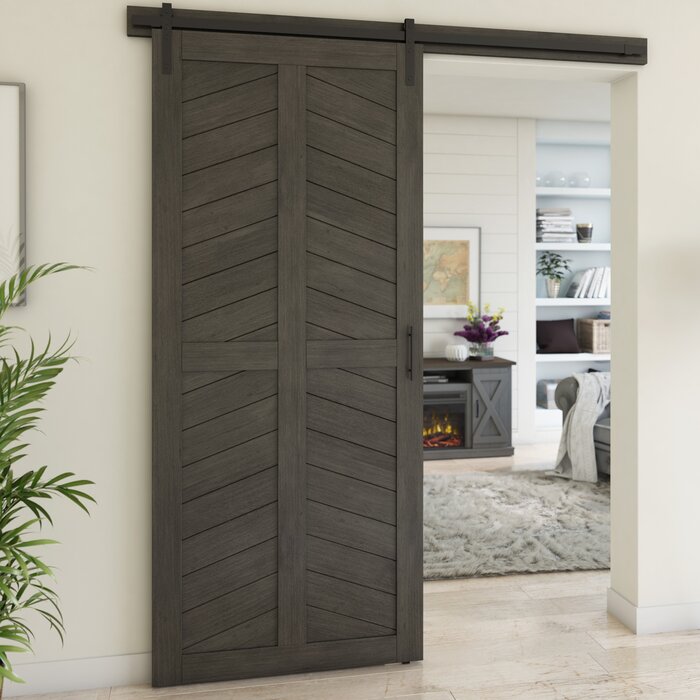 Weathered Grey Nyriah Chevron Sliding Standard Single Track Barn Door Hardware Kit