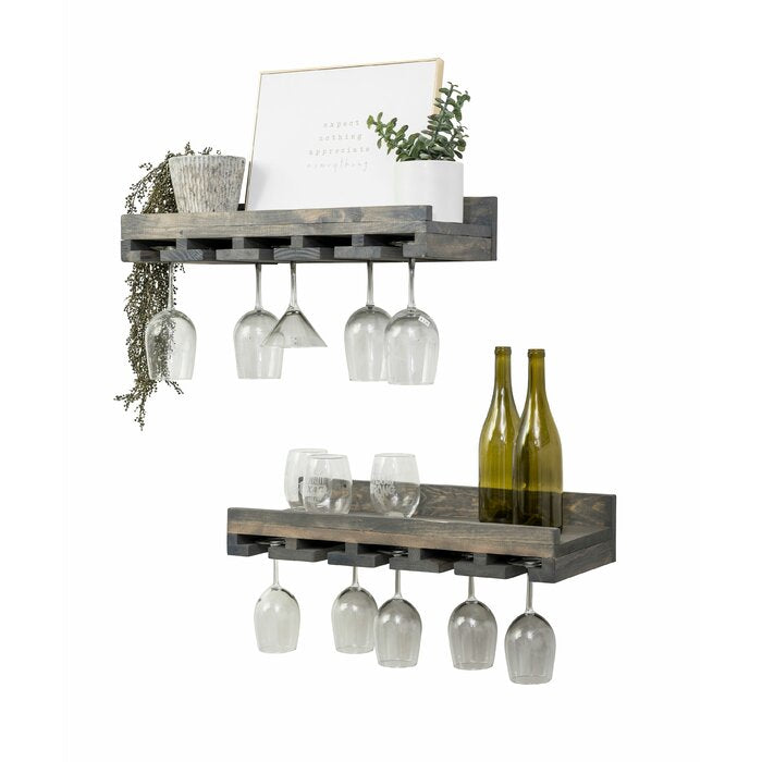 4.25" H x 20" W x 10" D Gray Oconner Solid Wood Wall Mounted Wine Glass Rack (Set of 2)