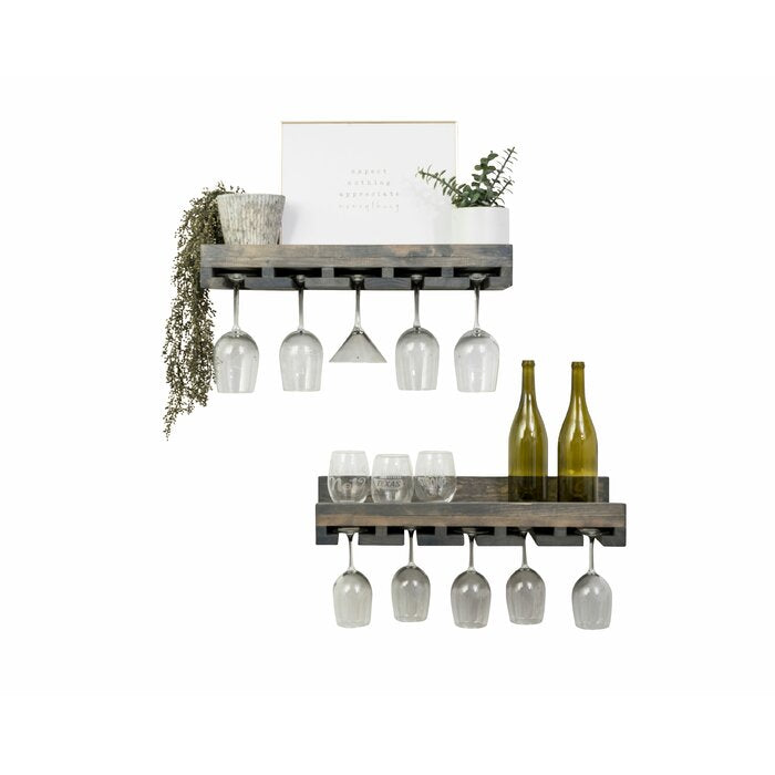 4.25" H x 20" W x 10" D Gray Oconner Solid Wood Wall Mounted Wine Glass Rack (Set of 2)
