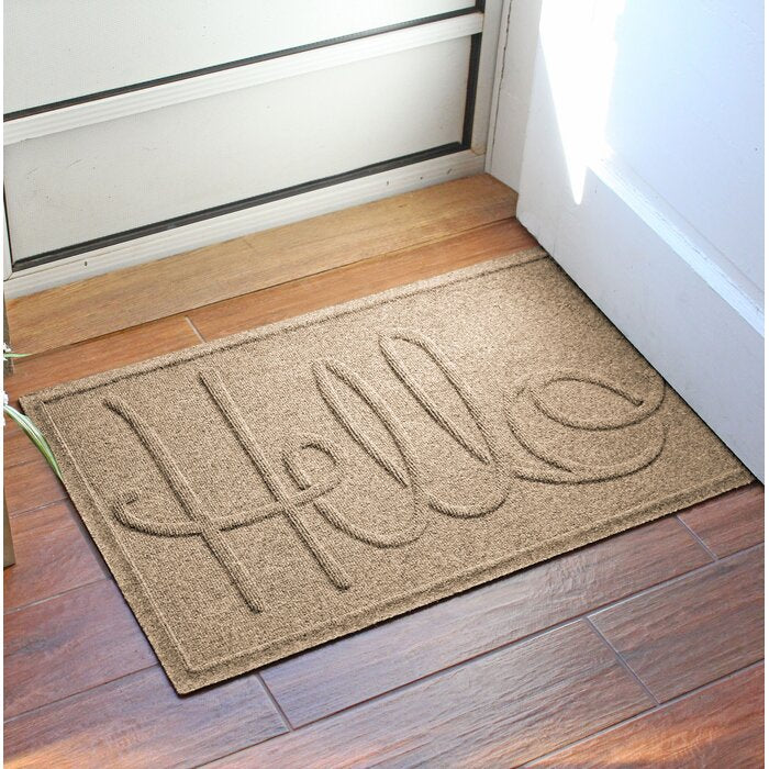 Beaupre Hello 35"  x 23" Non-Slip Indoor/Outdoor Door Mat, Camel (#K4118)