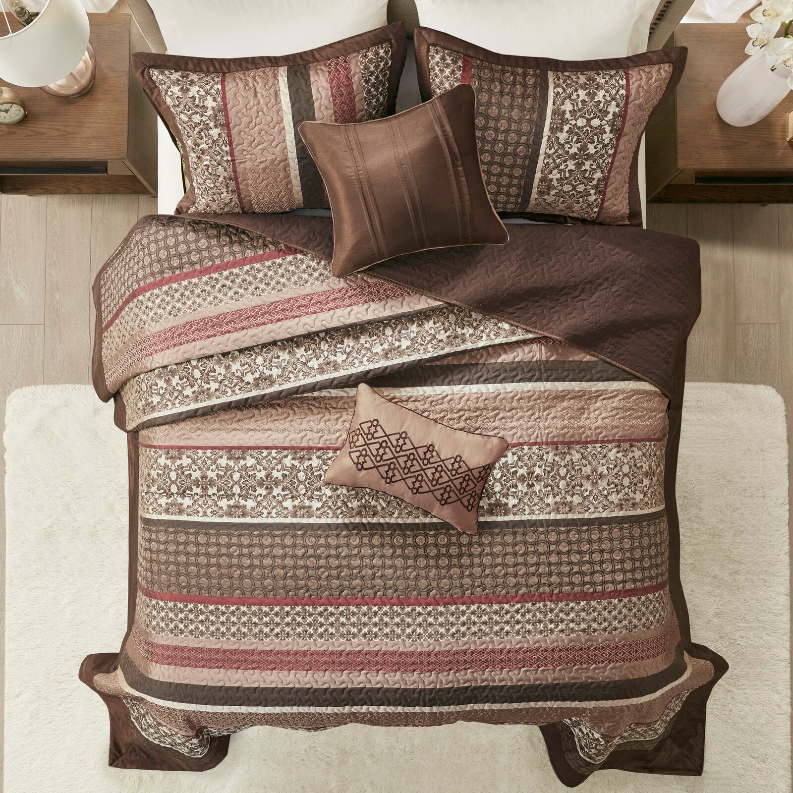 Queen Chocolate Brown Oversized Lakemore 5 Piece Reversible Coverlet Set SC594