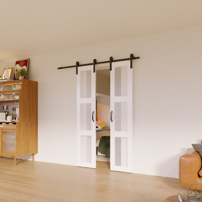36" x 84" Paneled Glass and Wood Frosted Barn Door with Installation Hardware Kit