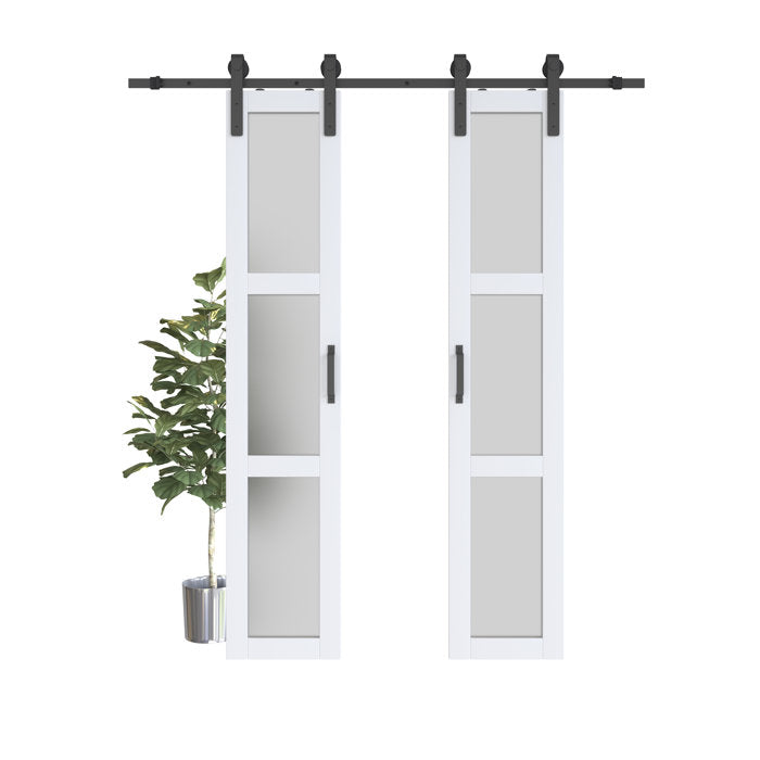 36" x 84" Paneled Glass and Wood Frosted Barn Door with Installation Hardware Kit