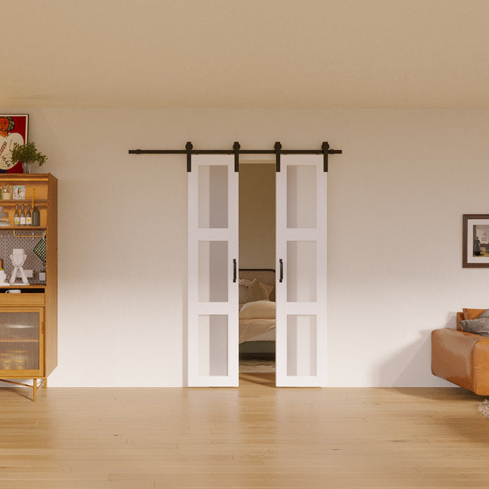 36" x 84" Paneled Glass and Wood Frosted Barn Door with Installation Hardware Kit