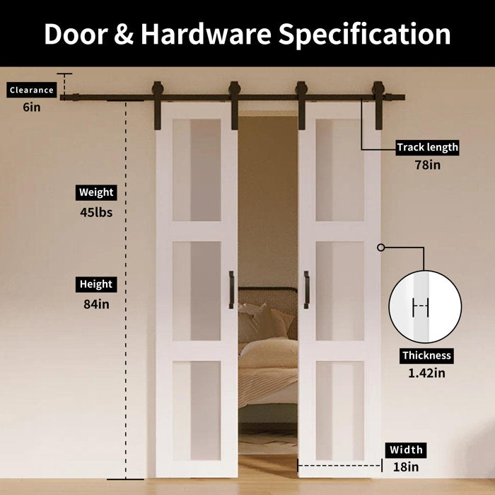 36" x 84" Paneled Glass and Wood Frosted Barn Door with Installation Hardware Kit