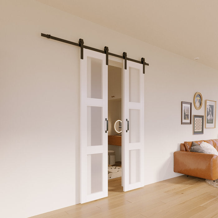 36" x 84" Paneled Glass and Wood Frosted Barn Door with Installation Hardware Kit