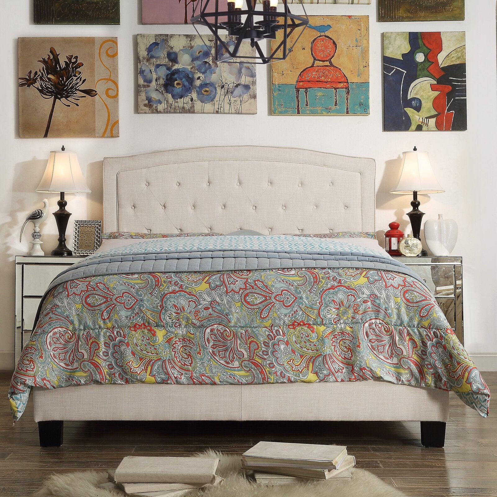 Pascal Solid Wood Tufted Upholstered Low Profile Platform Bed AH283