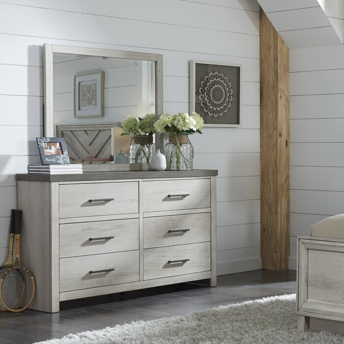 White Pinar 6 Drawer Double Dresser with Mirror