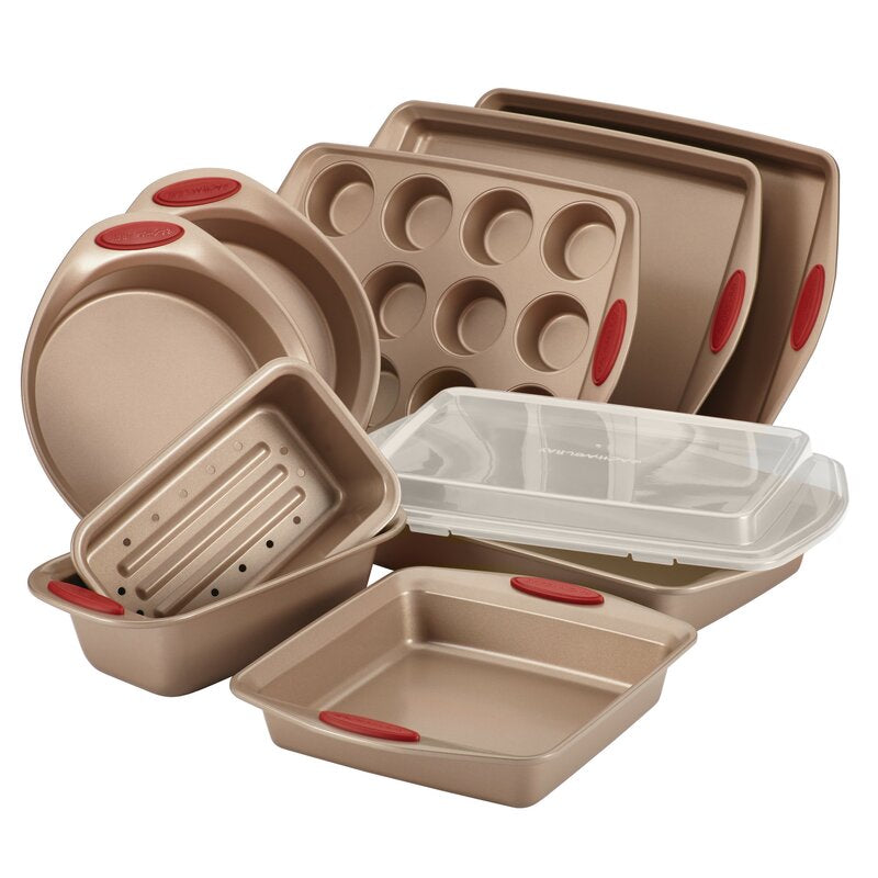 10-Piece Cucina Nonstick Bakeware Set, Brown with Red Handles