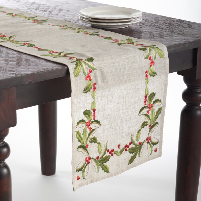 90" x 16" Railsback Emroidered Holly Table Runner LC519