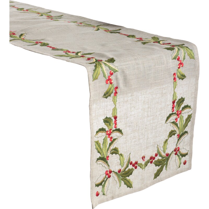 90" x 16" Railsback Emroidered Holly Table Runner LC519