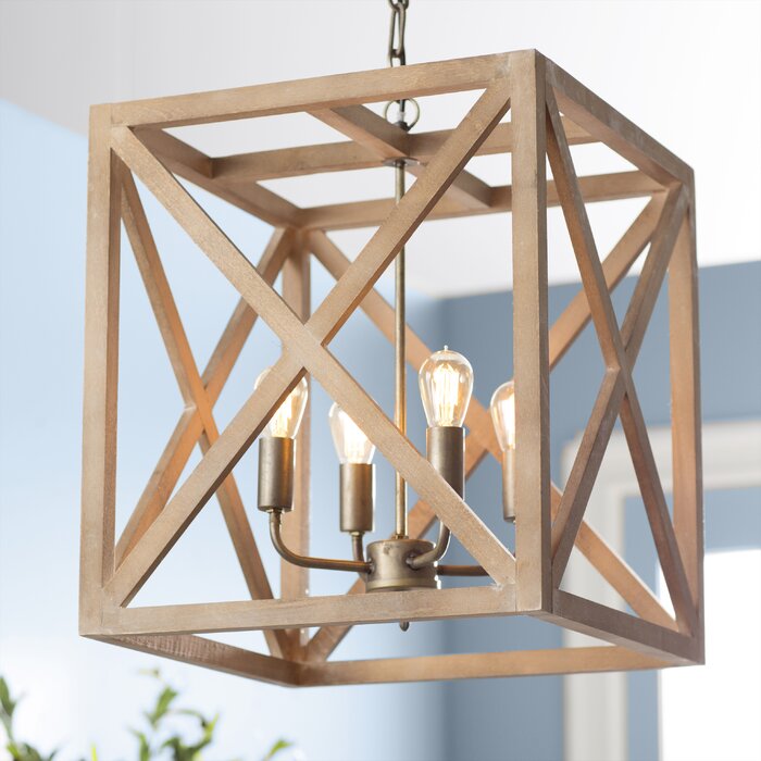 William 4 - Light Lantern Square / Rectangle Chandelier with Wood LX5086