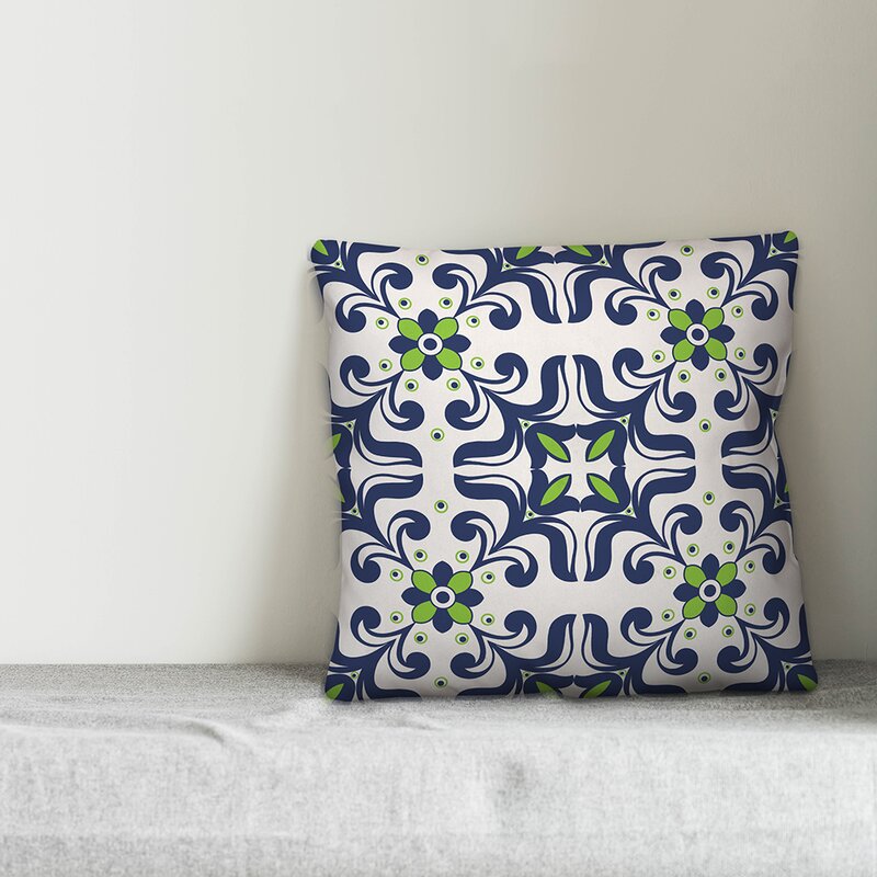 16" x 16" Navy/Off White/Light Green Rettig Tile Indoor/Outdoor Throw Pillow LC802