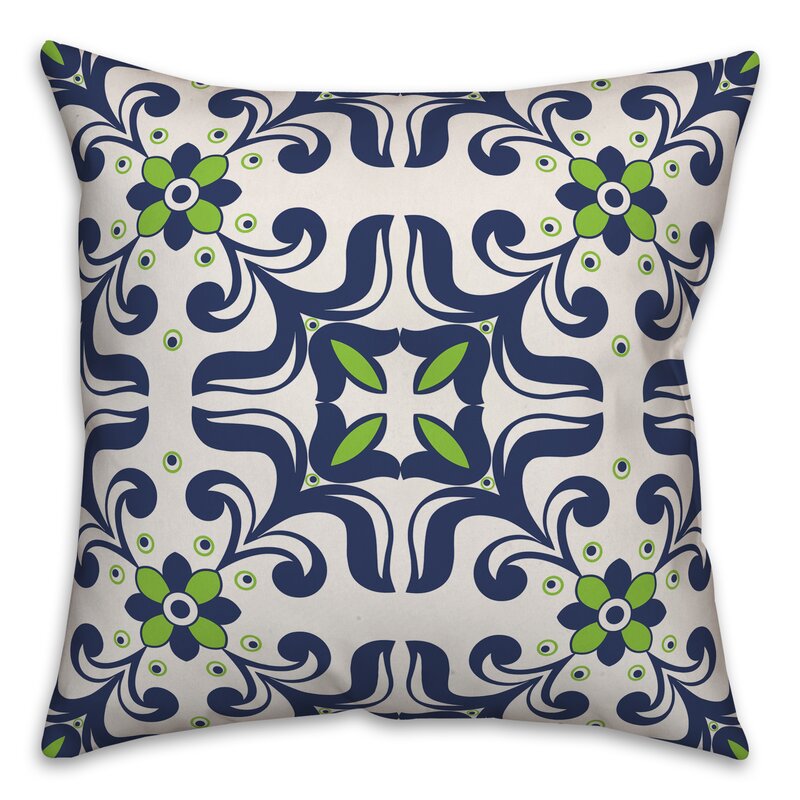 16" x 16" Navy/Off White/Light Green Rettig Tile Indoor/Outdoor Throw Pillow LC802