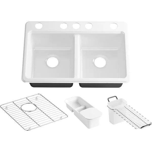 8679-5UA3-0 Riverby® 33" x 22" x 9.625" Under-Mount Double-Equal Kitchen Sink with Accessories and 5 Oversized Faucet Holes
