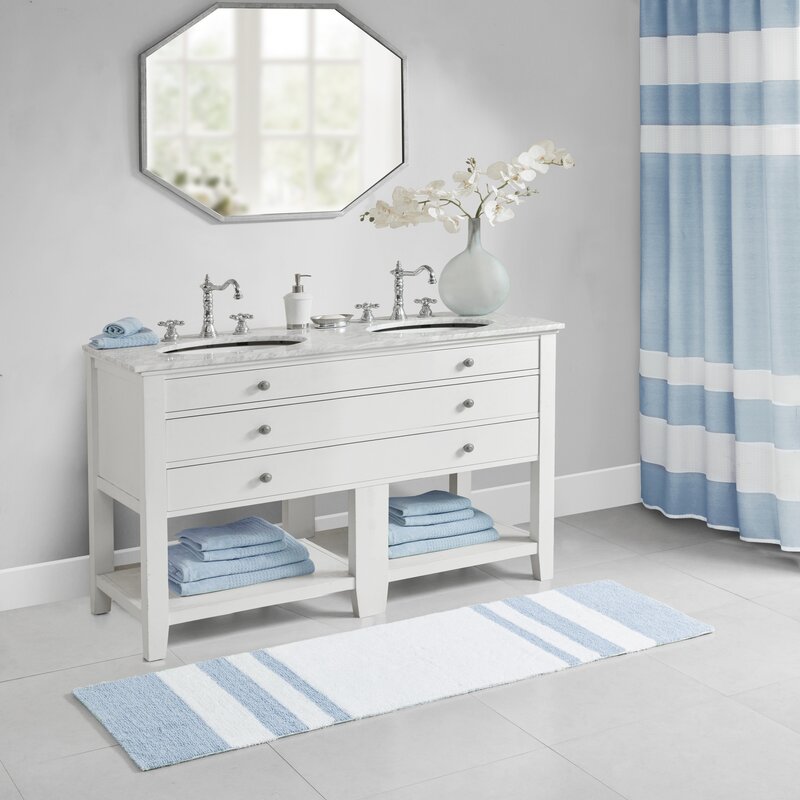24" x 72" Blue Rosenbloom Rectangular 100% Cotton Striped Bath Rug B33-HS164