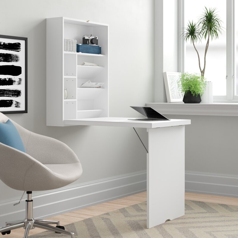 White Rossville Floating Desk with Hutch