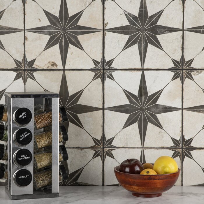 9 BOXES - Royalty 18" x 18" Ceramic Patterned Wall & Floor Tile, Beige/Black - 99.18 Square Feet **1 Additional Box (11.02 square feet) Included** (#K6397 - 10 BOXES)