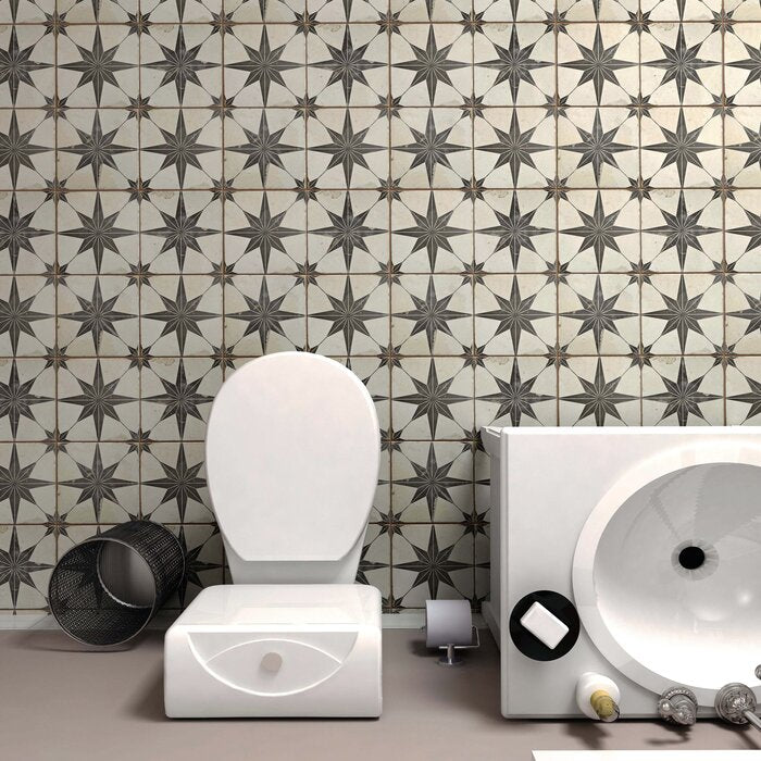 9 BOXES - Royalty 18" x 18" Ceramic Patterned Wall & Floor Tile, Beige/Black - 99.18 Square Feet **1 Additional Box (11.02 square feet) Included** (#K6397 - 10 BOXES)